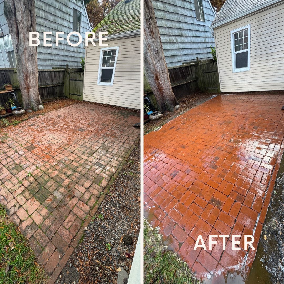 Before and after image of a brick patio in a Portland backyard, showcasing the transformation from a dirty, moss-covered surface to a clean, freshly washed appearance, highlighting the effectiveness of professional power washing services.