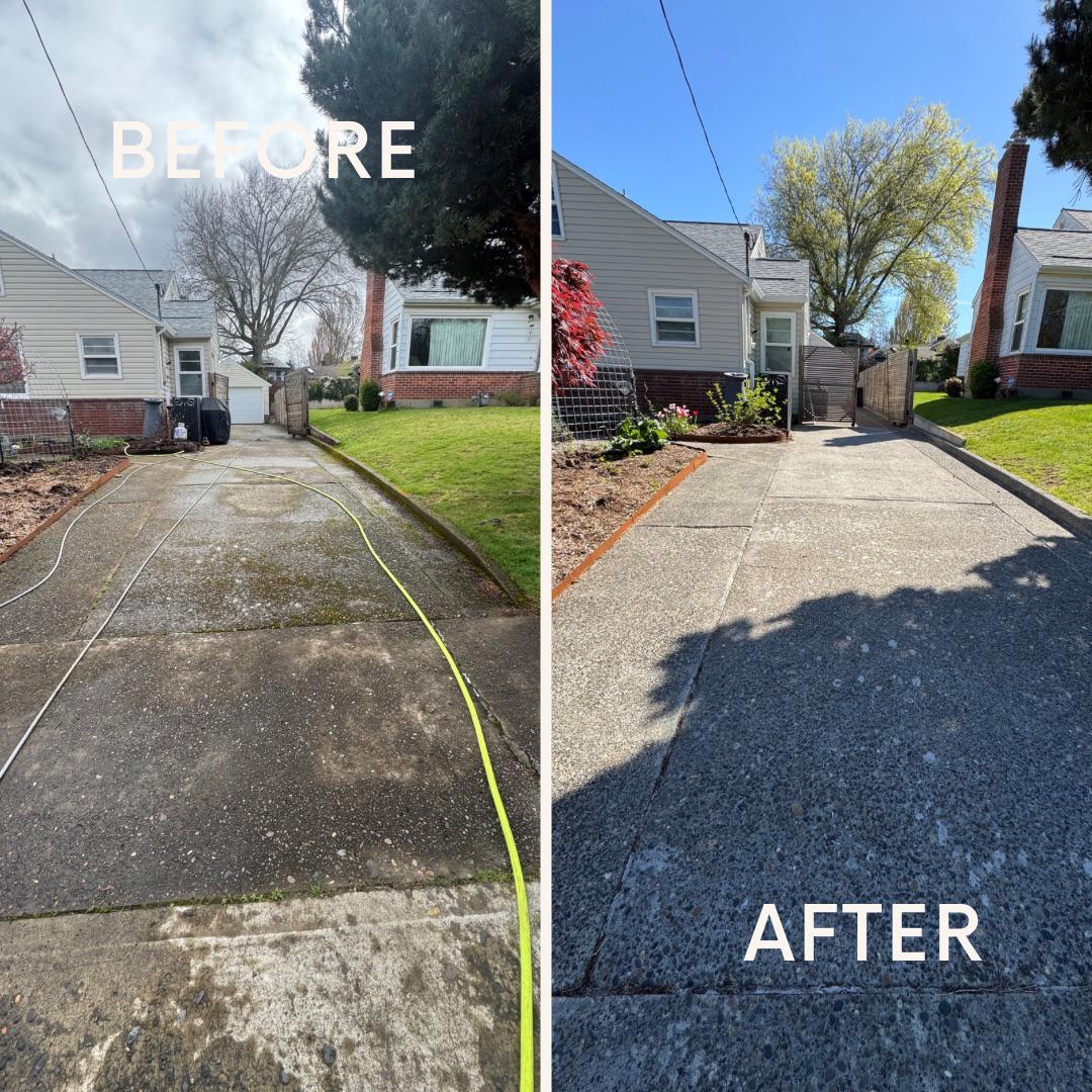 Before and after images of a driveway showing significant moss removal and cleaning, highlighting the effectiveness of pressure washing services in Portland by Poseidon Power Wash.
