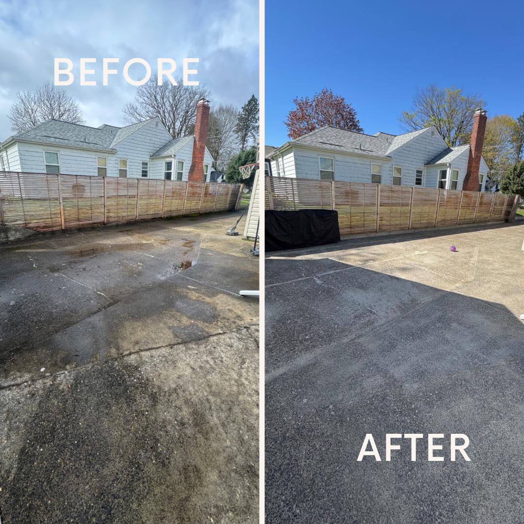 Before and after images of a driveway restoration in Portland, showcasing significant cleaning results from power washing services, highlighting a clear improvement in appearance and surface condition.