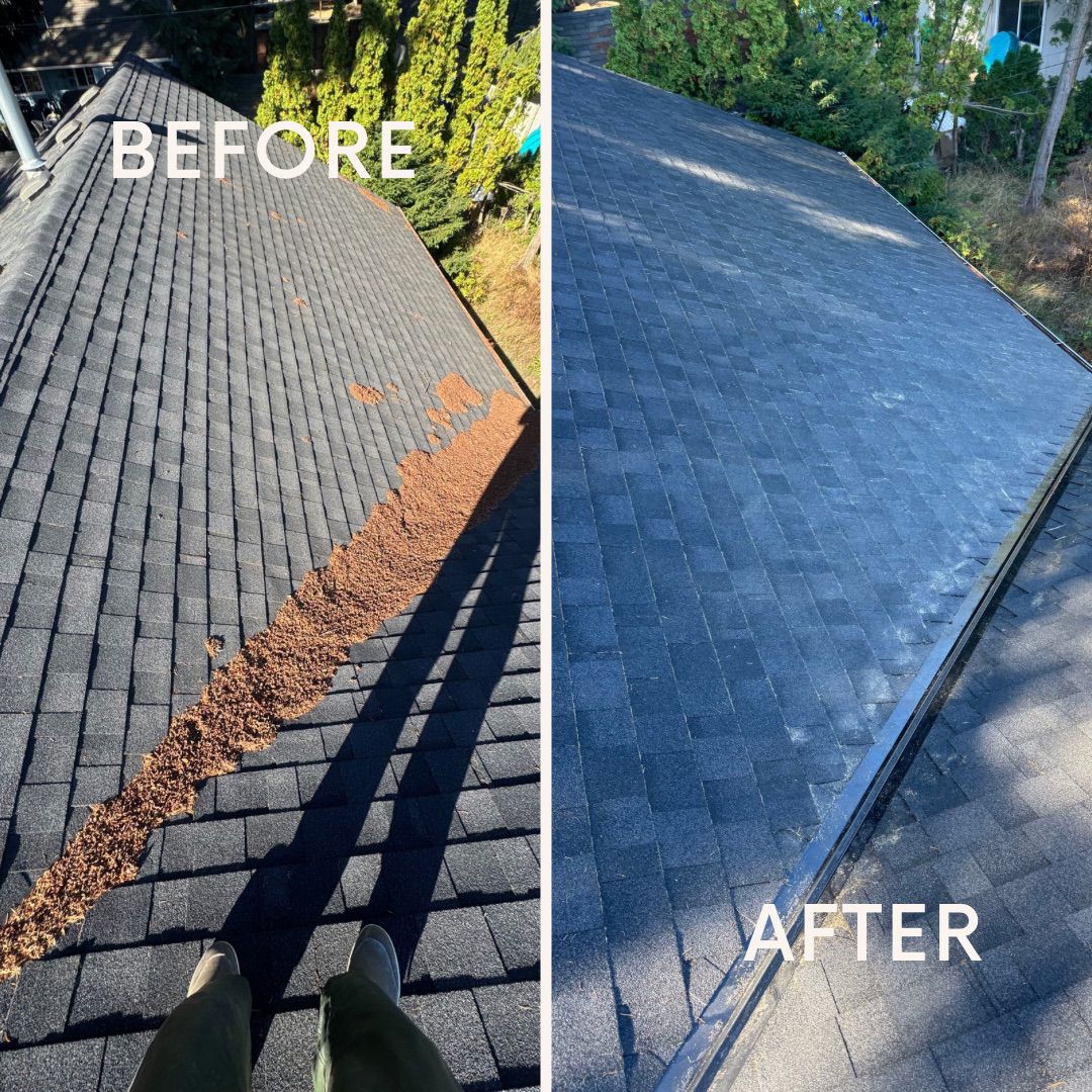 Before and after images of a roof showing significant debris removal, highlighting the effectiveness of professional roof cleaning services in Portland.