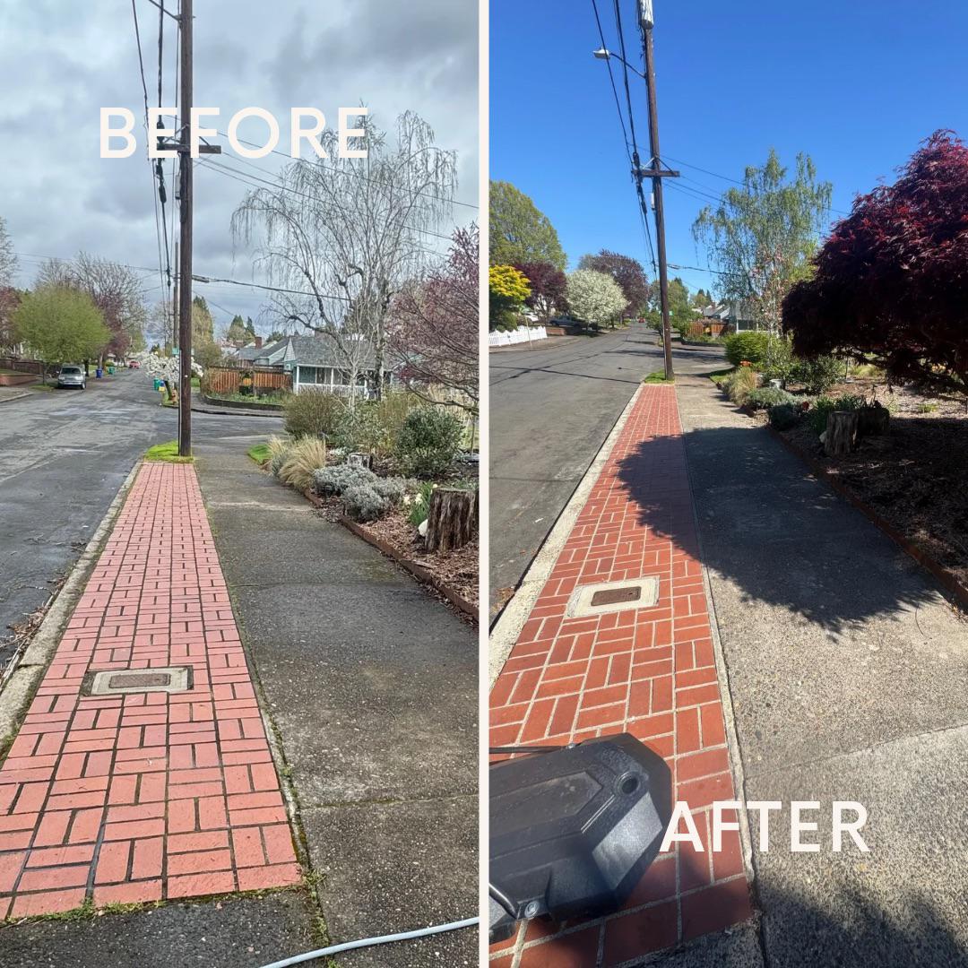 Before and after comparison of a pressure-washed brick sidewalk in Portland, showcasing improved cleanliness and maintenance of local properties.