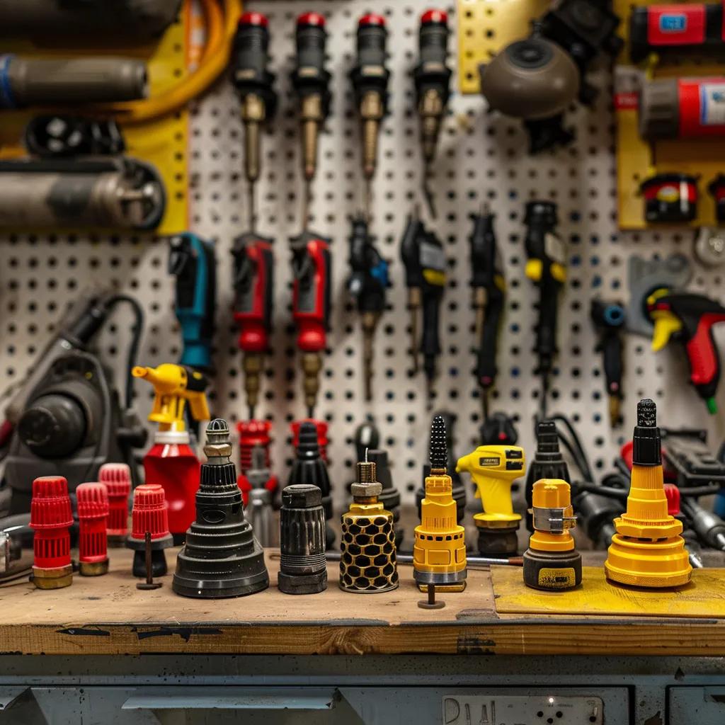 Different types of pressure washer nozzles displayed on a workbench, illustrating safe nozzle selection for power washing