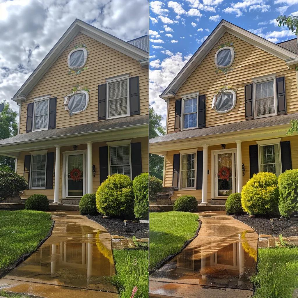 Before-and-after comparison of residential power washing benefits on home exterior
