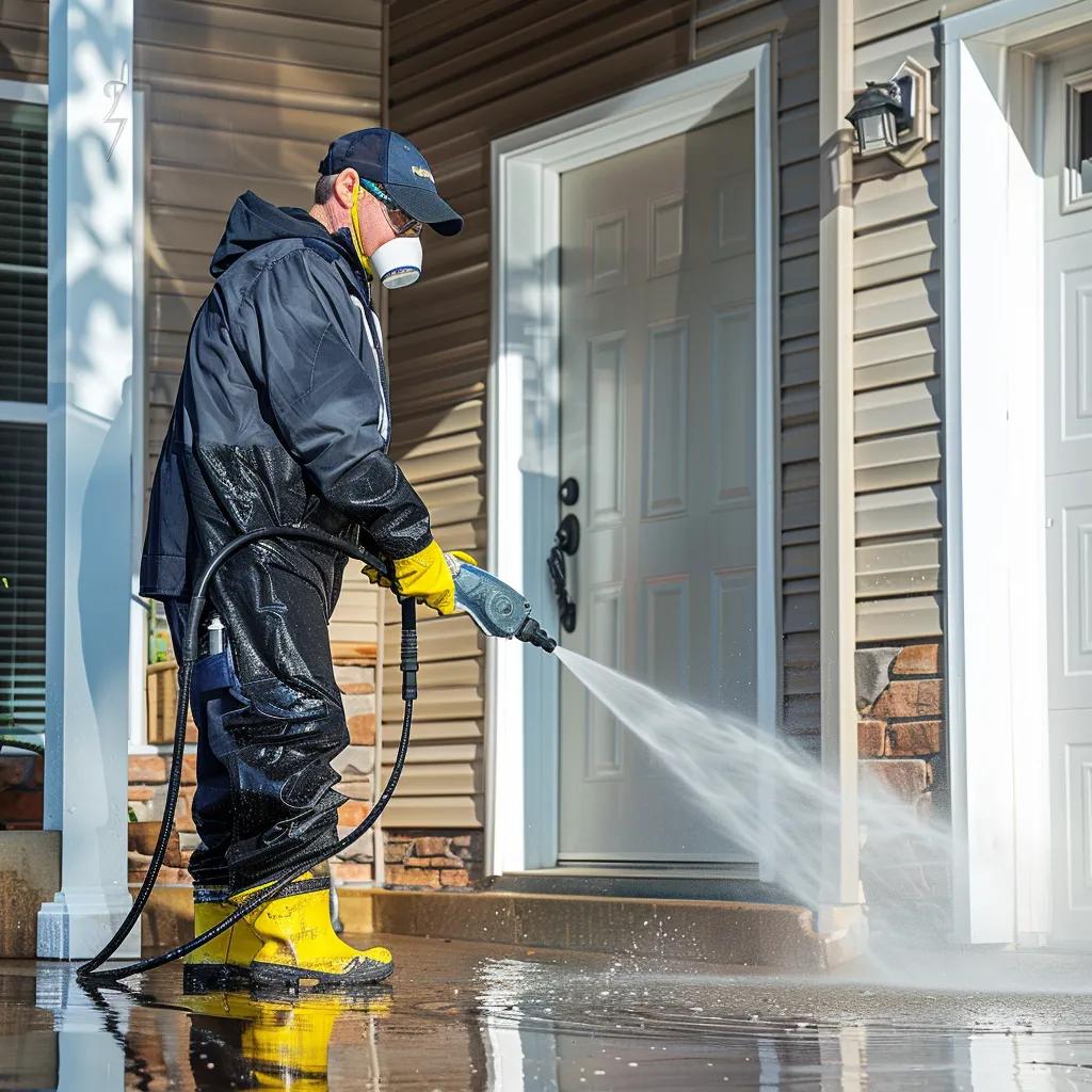 Homeowner power washing a house exterior with safety gear, showcasing effective DIY cleaning techniques