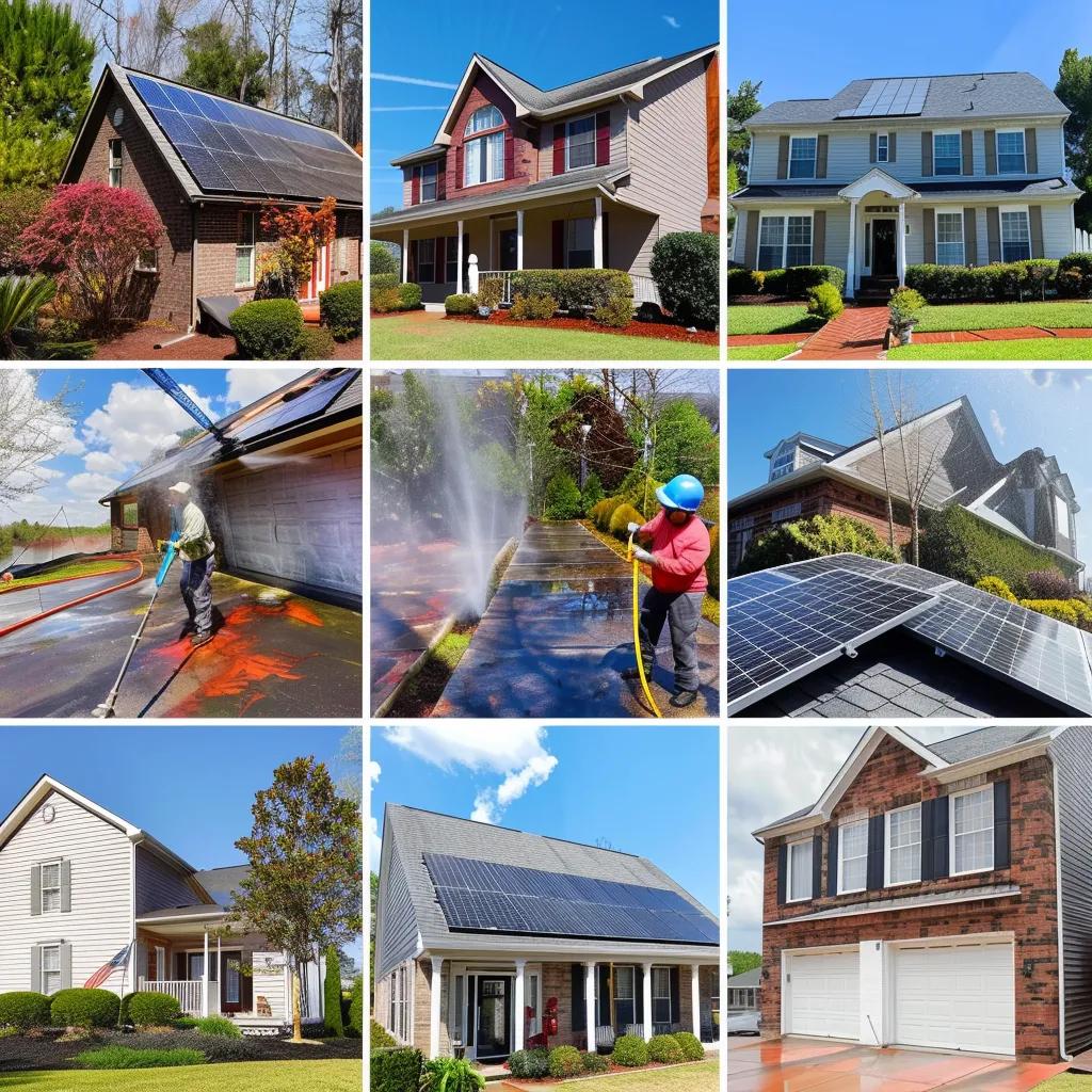Collage of various power washing services including house washing, roof cleaning, and driveway degreasing