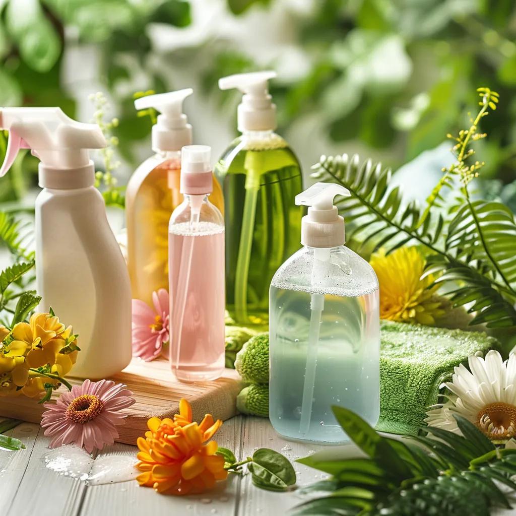 Eco-friendly cleaning solutions for power washing displayed with natural elements, promoting sustainable cleaning practices