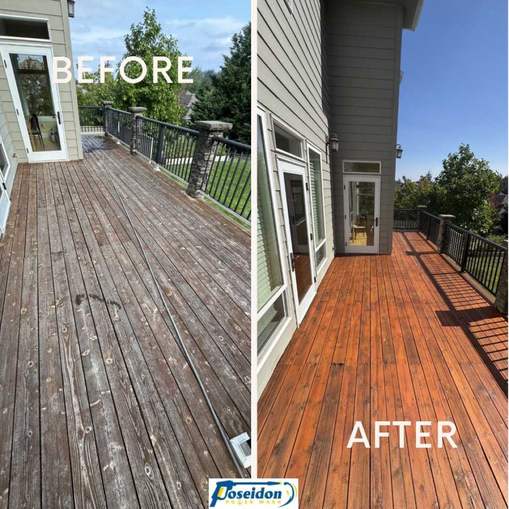 Deck restoration before and after in Portland OR — weathered gray wood stripped and restained rich walnut by Poseidon Power Wash