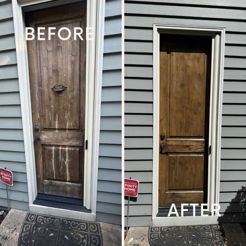 Exterior wood door restoration before and after Portland OR — peeling weathered finish stripped and restained by Poseidon Power Wash