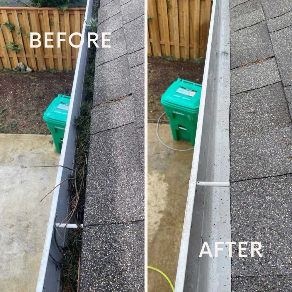 Gutter cleaning before and after Portland OR — debris and pine needles removed from clogged gutters by Poseidon Power Wash